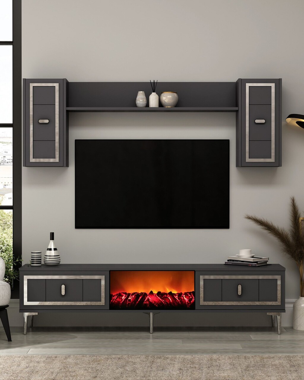 Comoda TV, Hanah Home, Orion Fireplace, 150x44.6x29.6 cm, PAL , Antracit / Argintiu - imagine 7